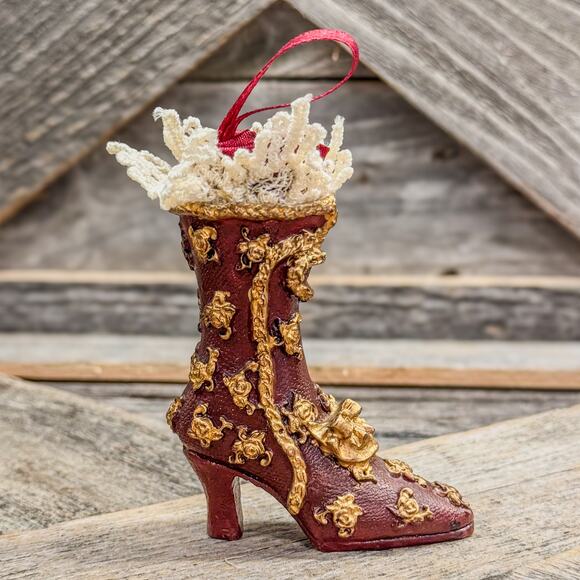 Vintage Old Victorian Style Lace/Satin Top Boot-Red and Gold-Christmas Ornament - Picture 1 of 7